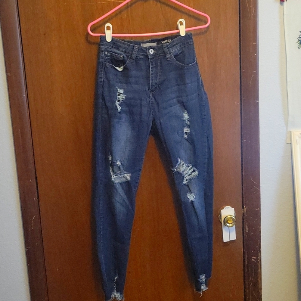 High waist blue ripped jeans